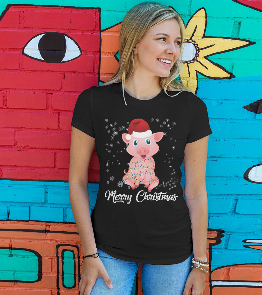 Merry Christmas Pig Santa Hat Wrapped In Holiday Lights T-Shirt