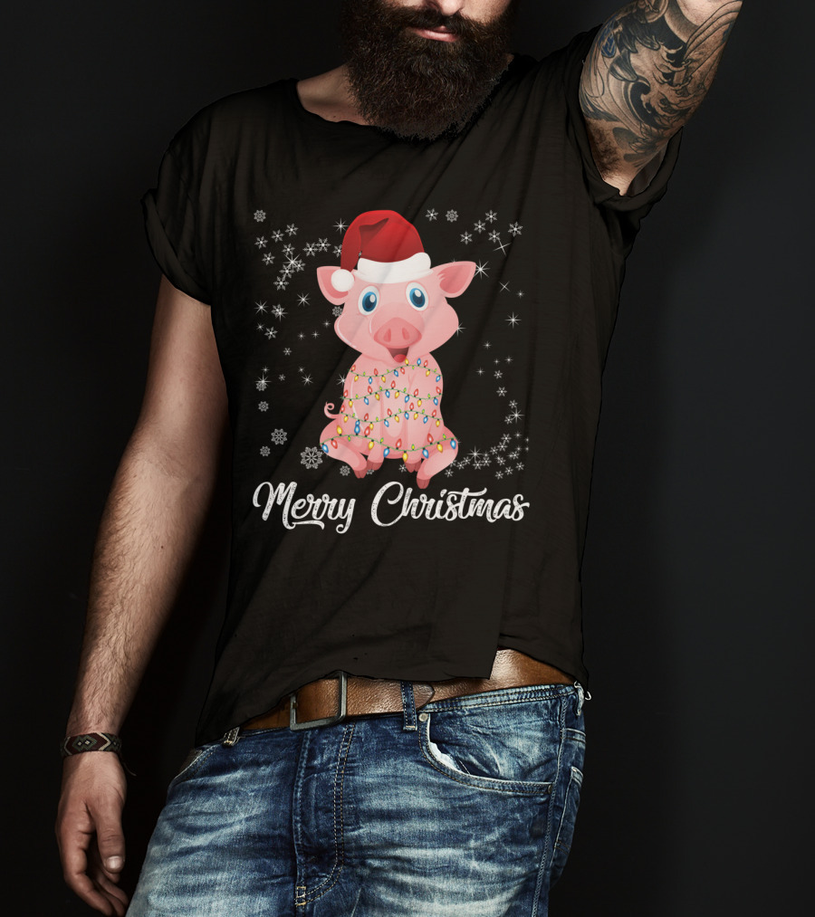 Merry Christmas Pig Santa Hat Wrapped In Holiday Lights T-Shirt