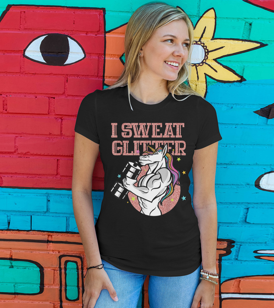 Muscular Unicorn Lifting Dumbbell I Sweat Glitter T-Shirt