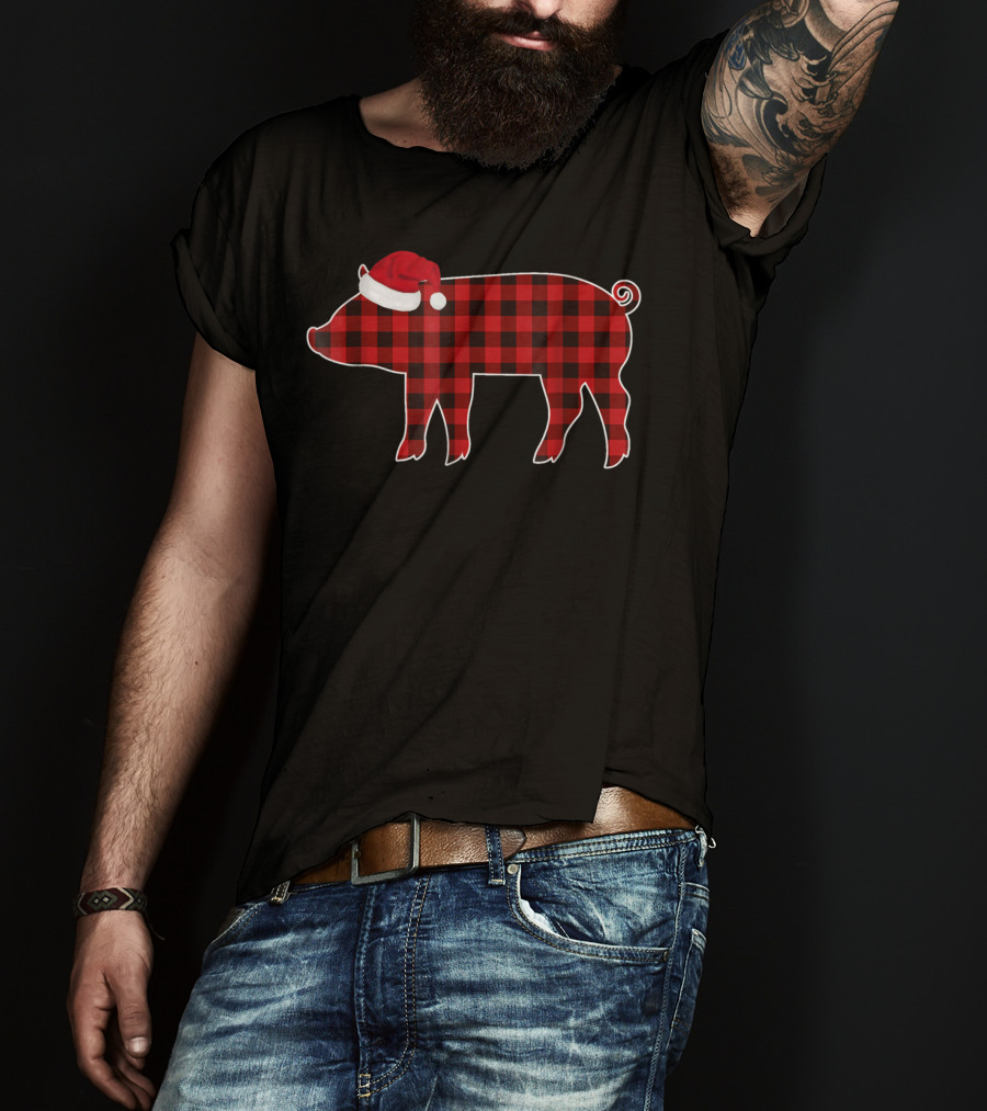 Buffalo Plaid Pig With Santa Hat Christmas T-Shirt