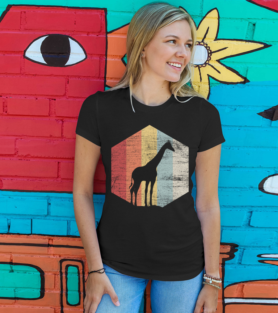 Retro Giraffe Silhouette With Vintage Stripes T-Shirt