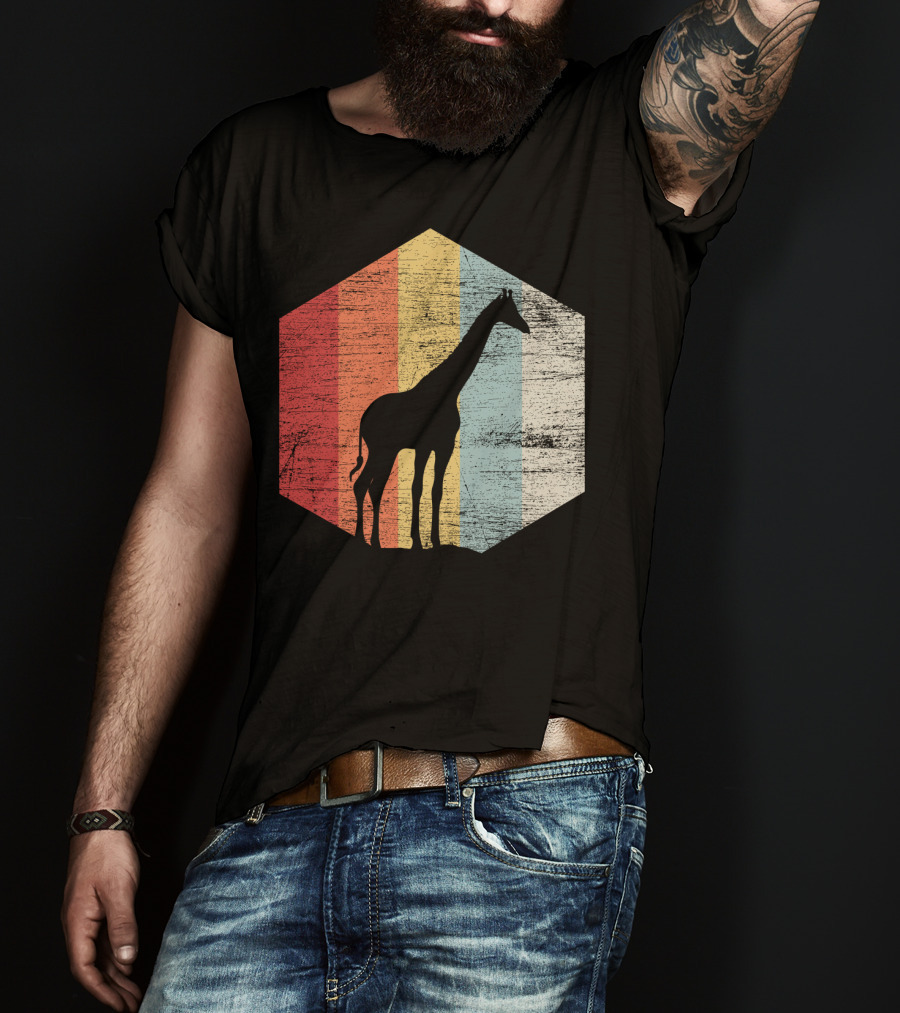 Retro Giraffe Silhouette With Vintage Stripes T-Shirt
