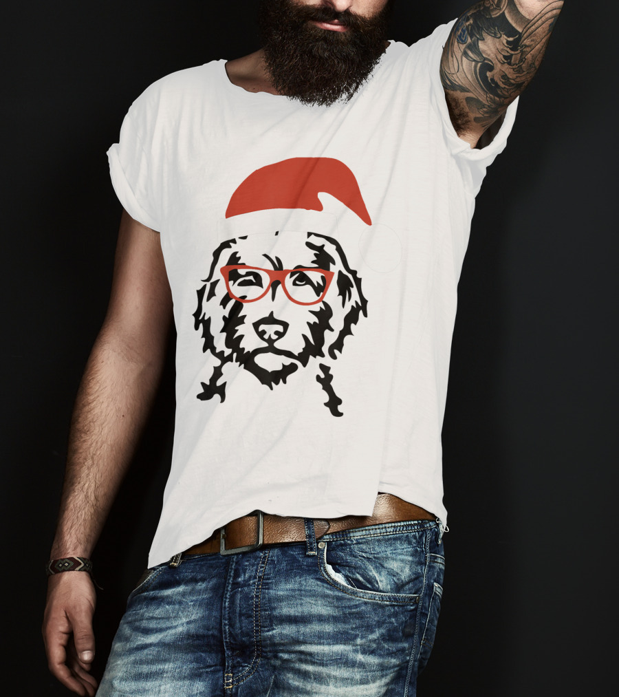 Santa Doodle Goldendoodle Christmas Red Hat Glasses T-Shirt