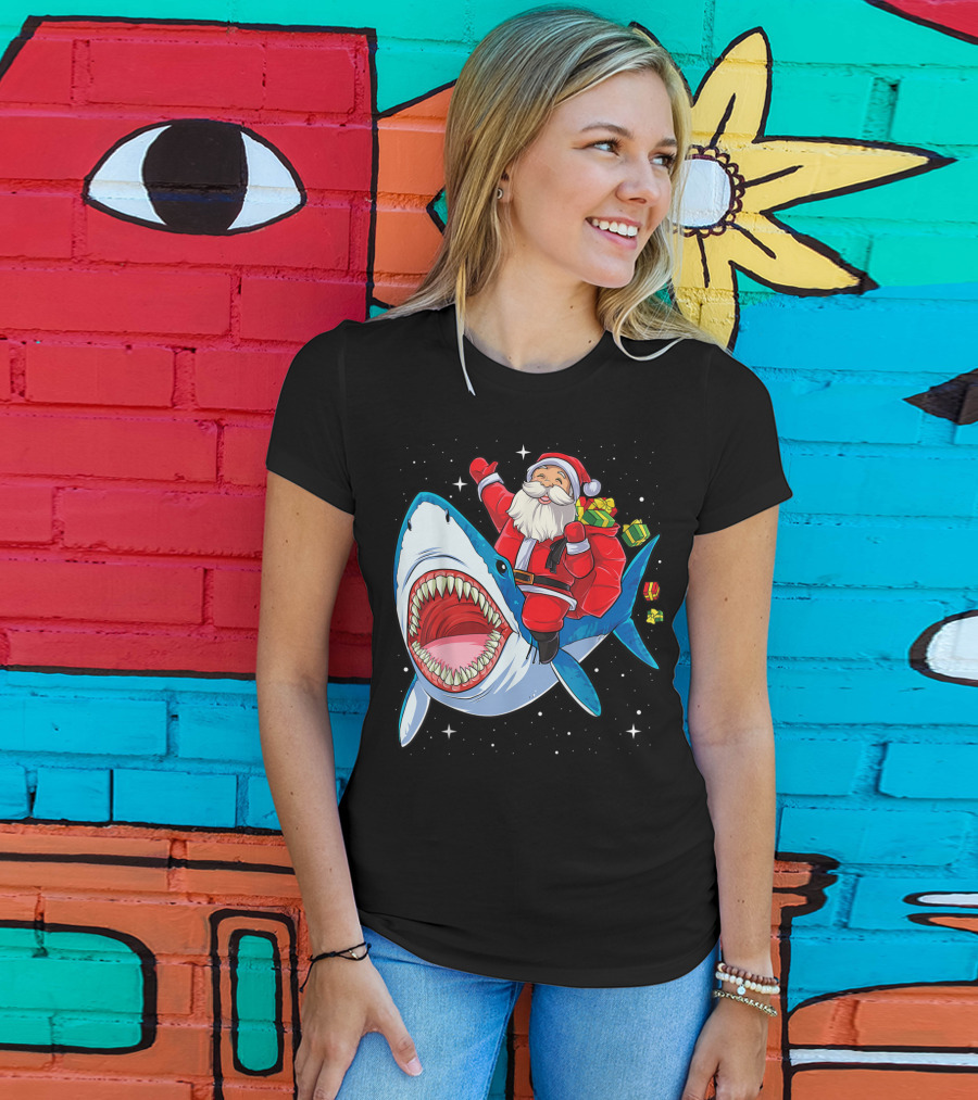 Santa And Presents On Shark In Starry Christmas Galaxy T-Shirt