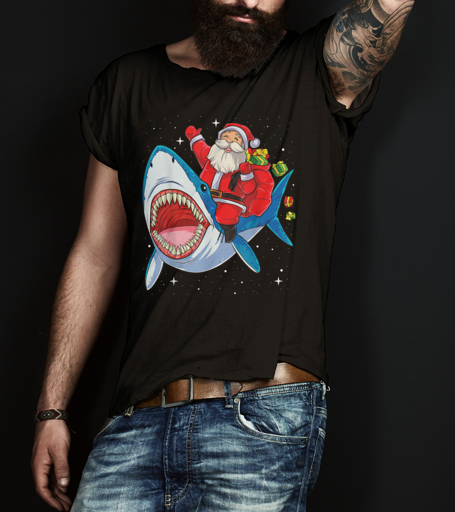 Santa And Presents On Shark In Starry Christmas Galaxy T-Shirt