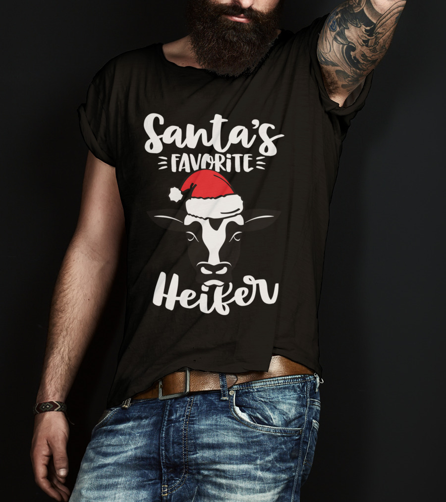Santa's Favorite Heifer Cow Cattle Farmer Christmas Santa Hat T-Shirt