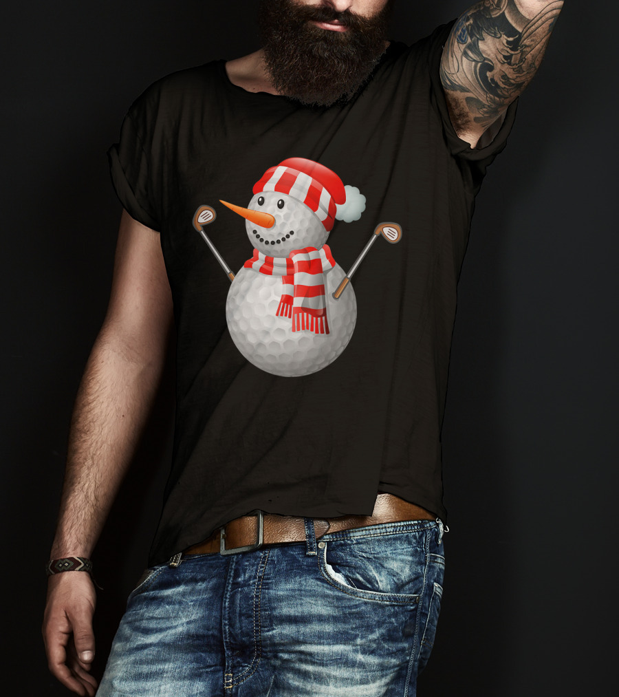 Snowman Golf Ball Christmas Hat Red Scarf Golf Clubs T-Shirt