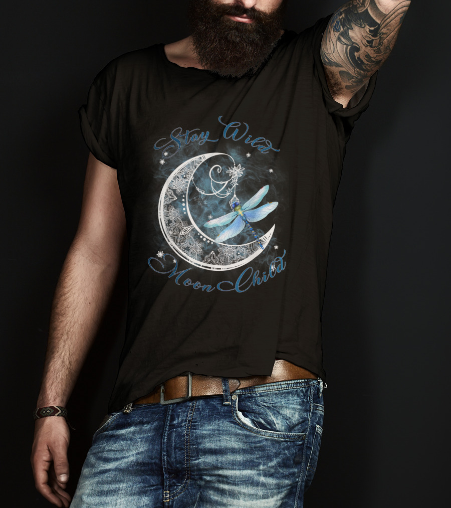 Stay Wild Moon Child Dreamy Dragonfly On Crescent Moon T-Shirt