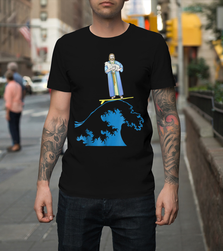 Surfing Jesus Riding the Wave with a Lamb T-Shirt