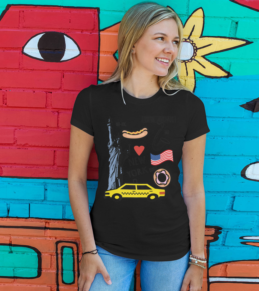 I Heart New York Top Spots Statue Of Liberty Taxi Fifth Avenue Hot Dog Jazz Donut American Flag T-Shirt