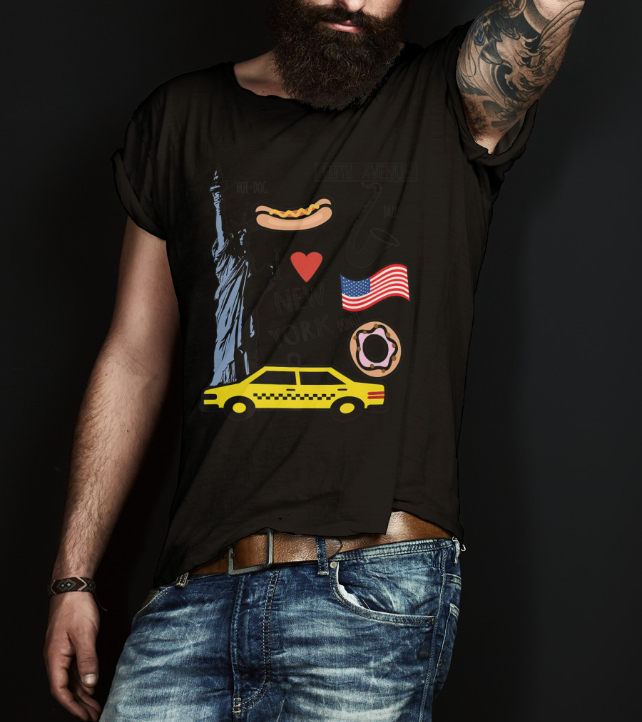 I Heart New York Top Spots Statue Of Liberty Taxi Fifth Avenue Hot Dog Jazz Donut American Flag T-Shirt