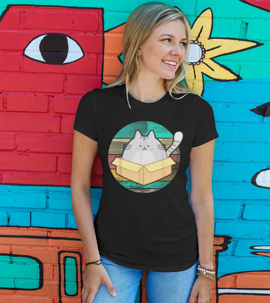Retro Fat Cat In Box With Vintage Stripes T-Shirt