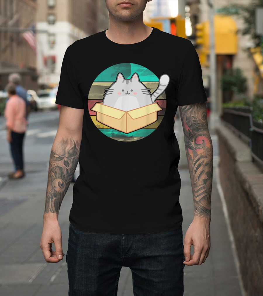 Retro Fat Cat In Box With Vintage Stripes T-Shirt