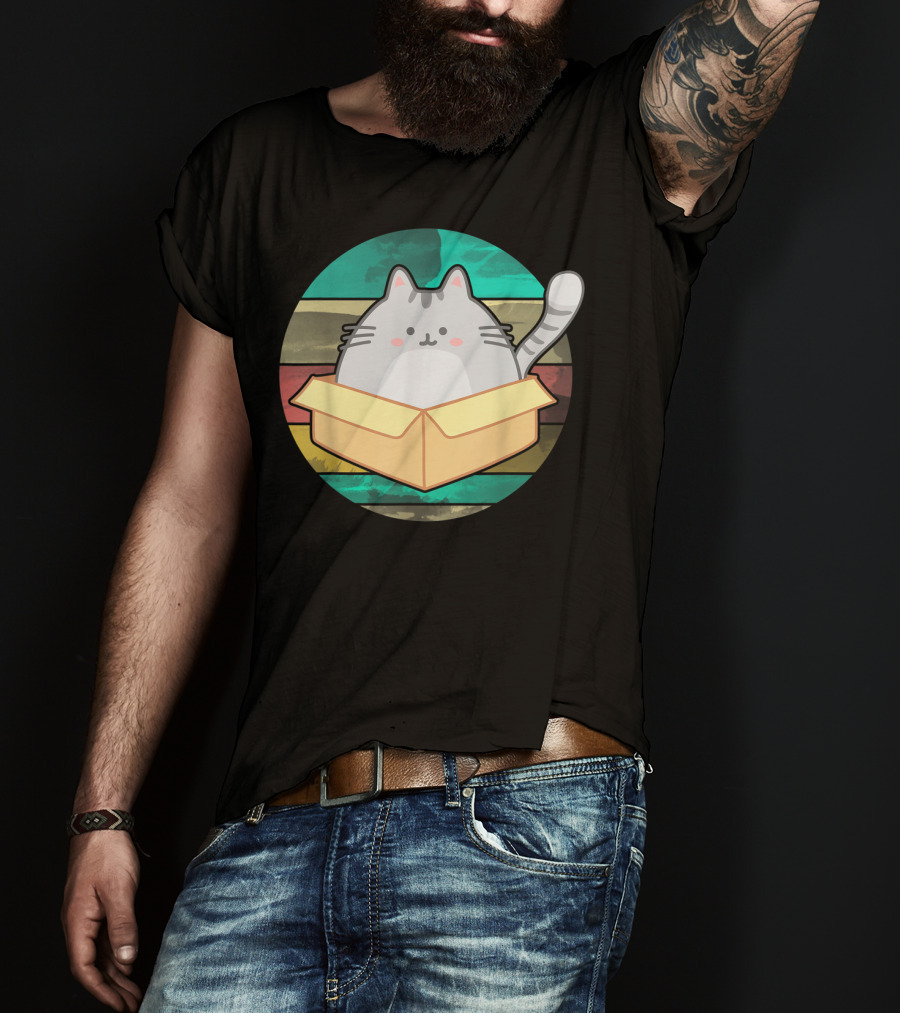 Retro Fat Cat In Box With Vintage Stripes T-Shirt