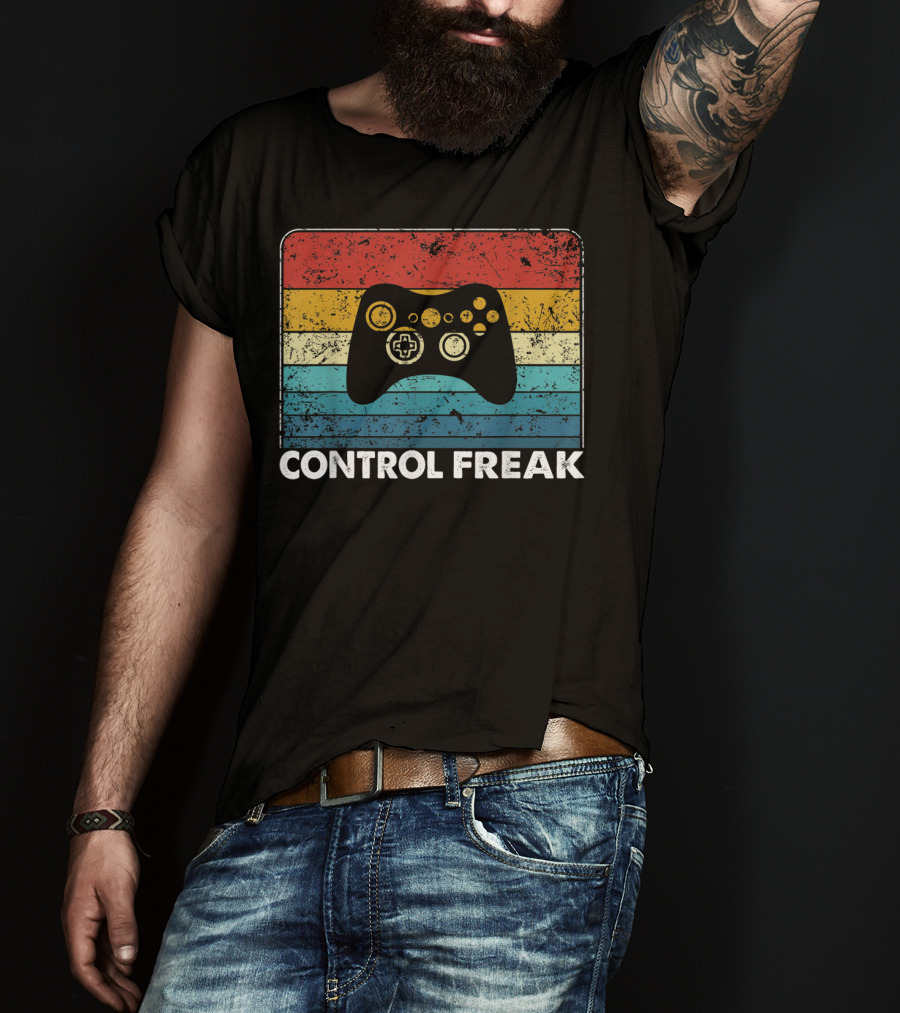 Control Freak Vintage Video Game Controller Retro Stripes T-Shirt