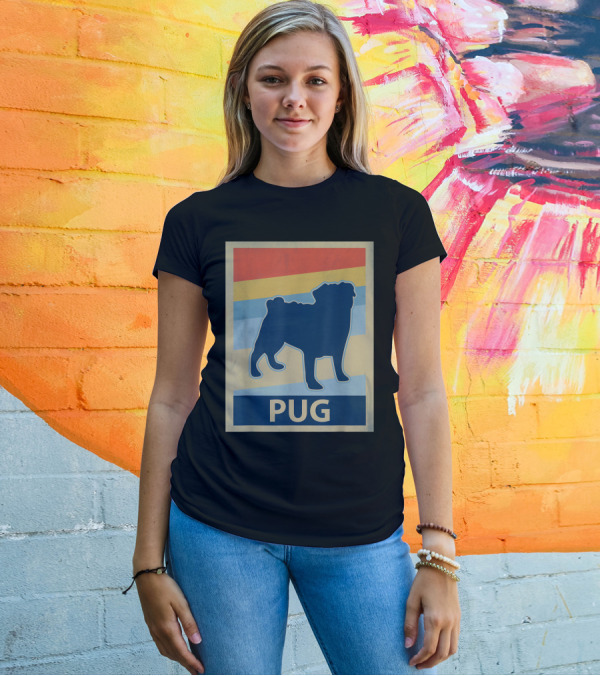Vintage Pug Silhouette With Retro Stripes T-Shirt
