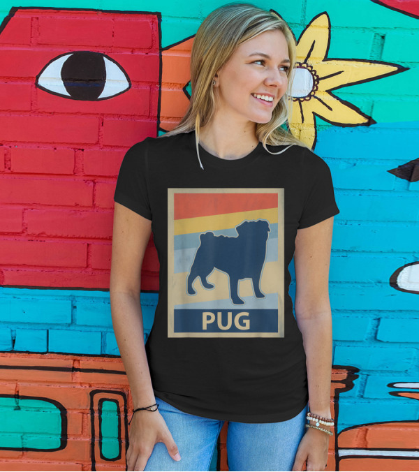 Vintage Pug Silhouette With Retro Stripes T-Shirt
