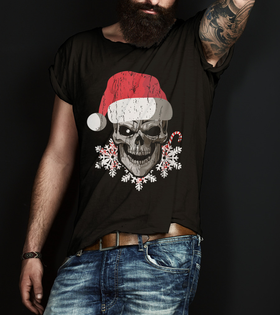 Skull With Santa Hat Snowflakes Candy Cane T-Shirt