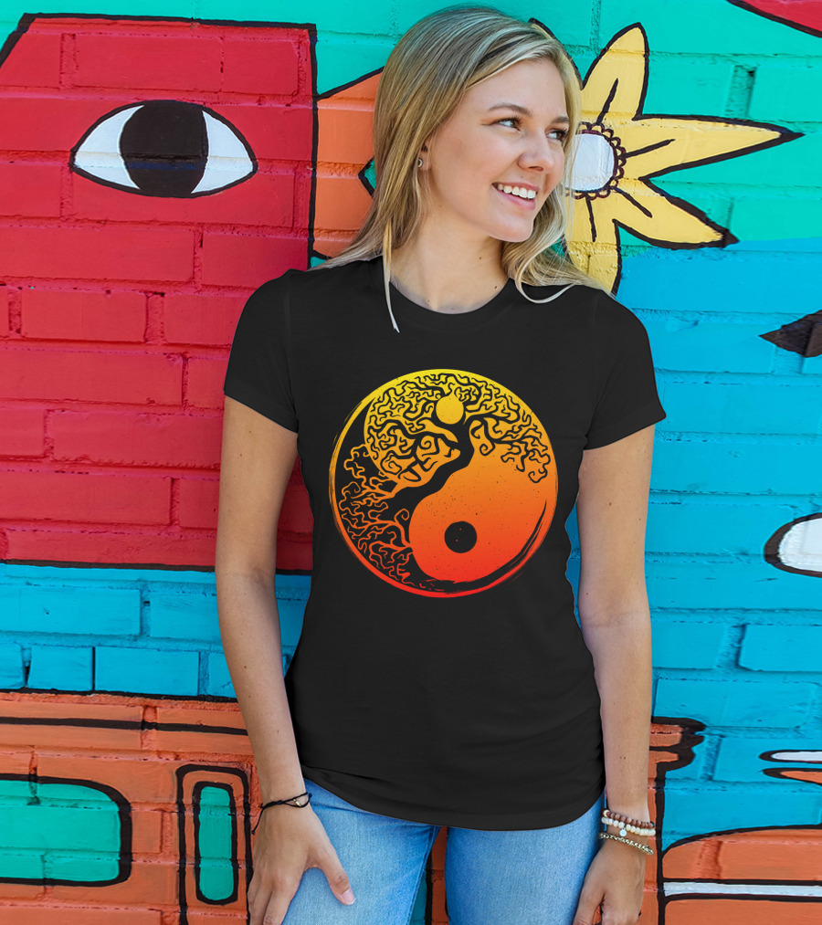 Yin Yang Bonsai Tree Japanese Golden Sun Circle T-Shirt