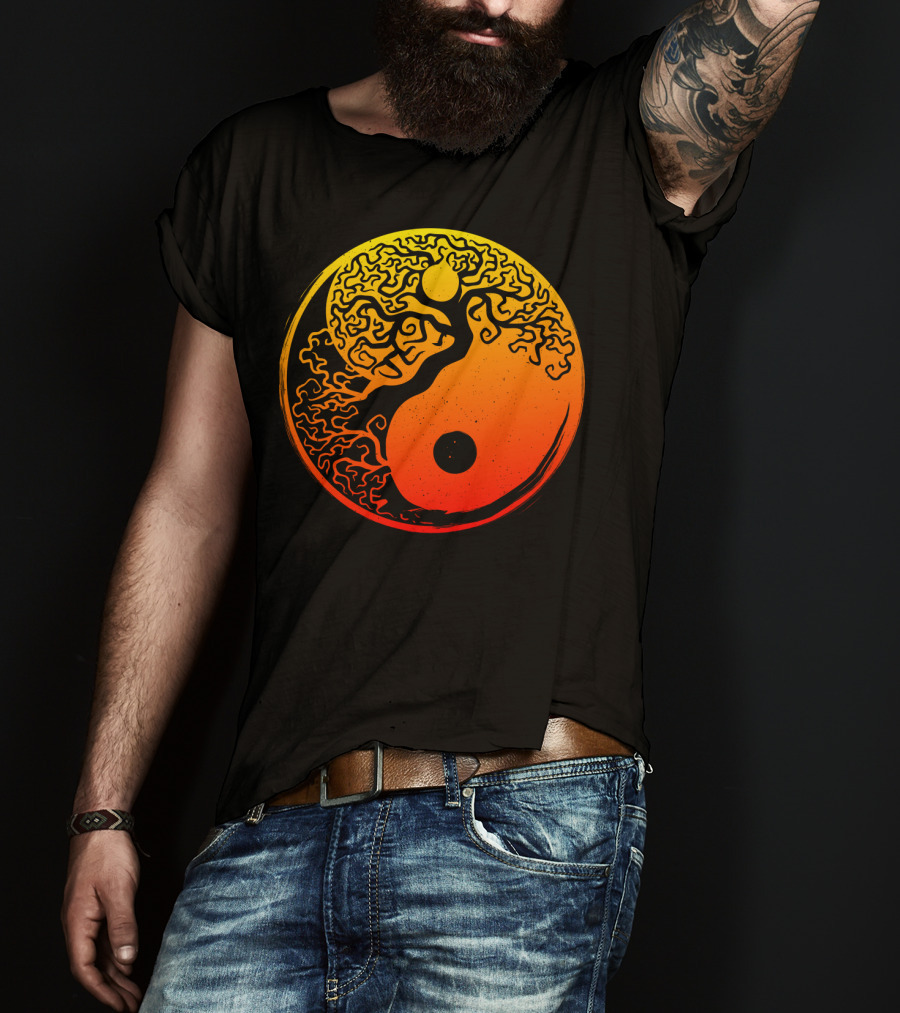 Yin Yang Bonsai Tree Japanese Golden Sun Circle T-Shirt