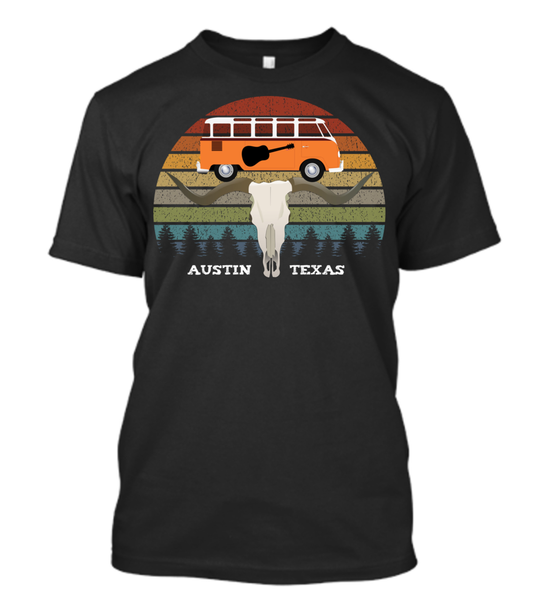 Austin Texas Sunset Van Guitar Skull Forest Vintage T-Shirt
