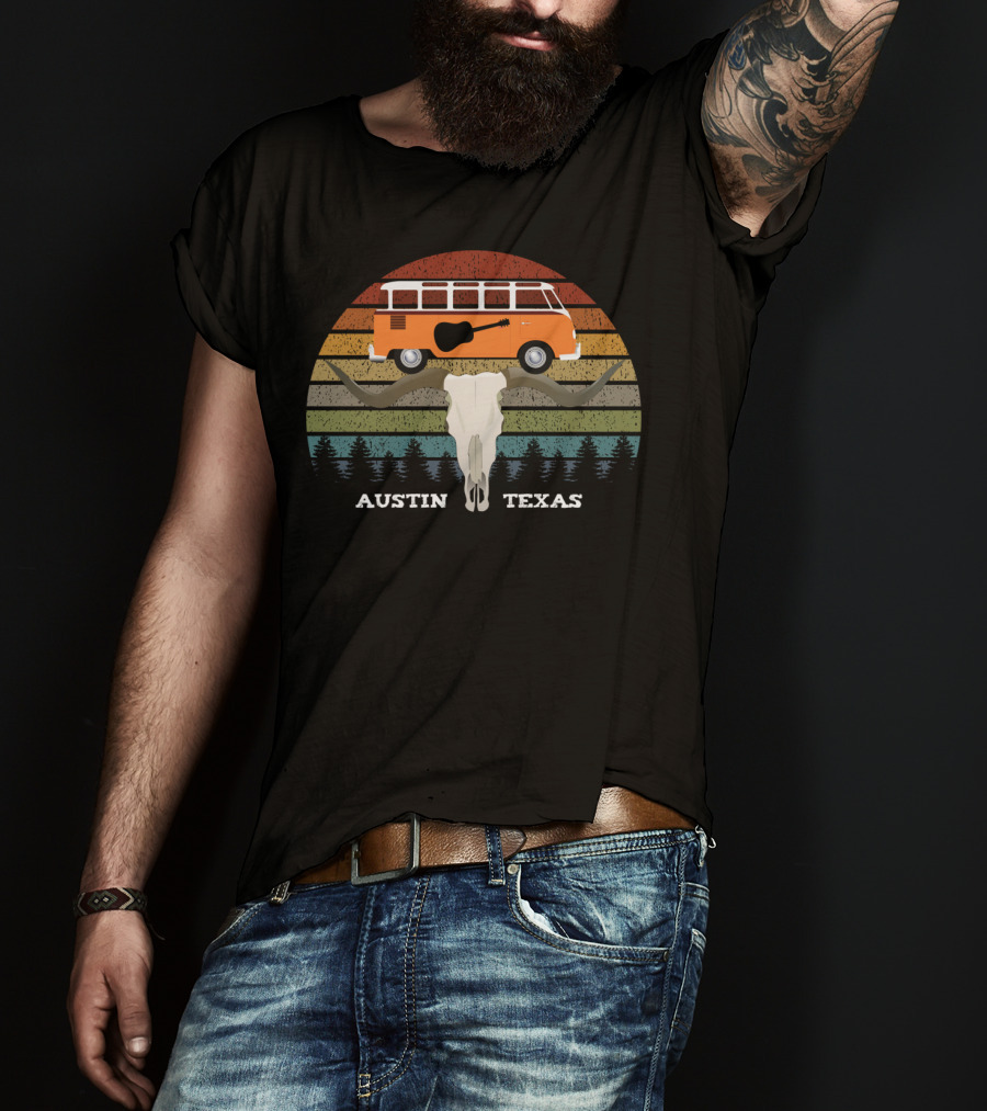 Austin Texas Sunset Van Guitar Skull Forest Vintage T-Shirt