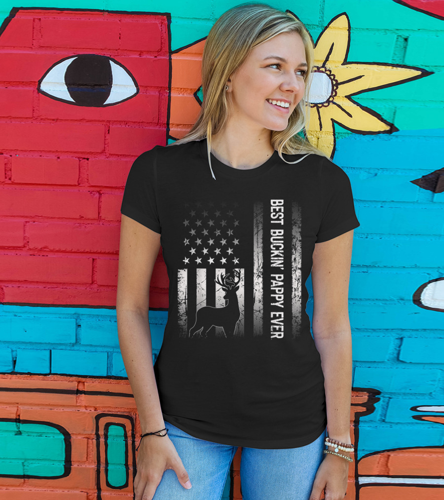 Best Buckin' Pappy Ever Patriotic Deer American Flag T-Shirt