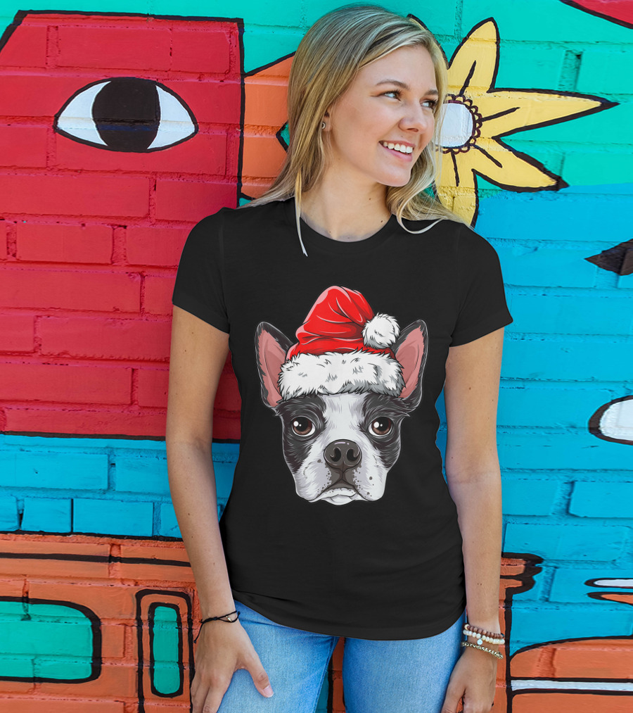 Boston Terrier Christmas Dog Santa Hat T-Shirt
