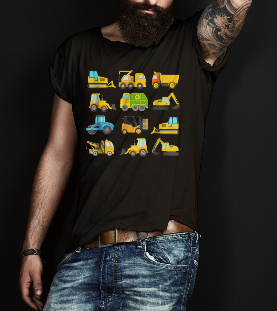 Boys' Colorful Construction Trucks And Diggers Vehicles Short Sleeved T-Shirt