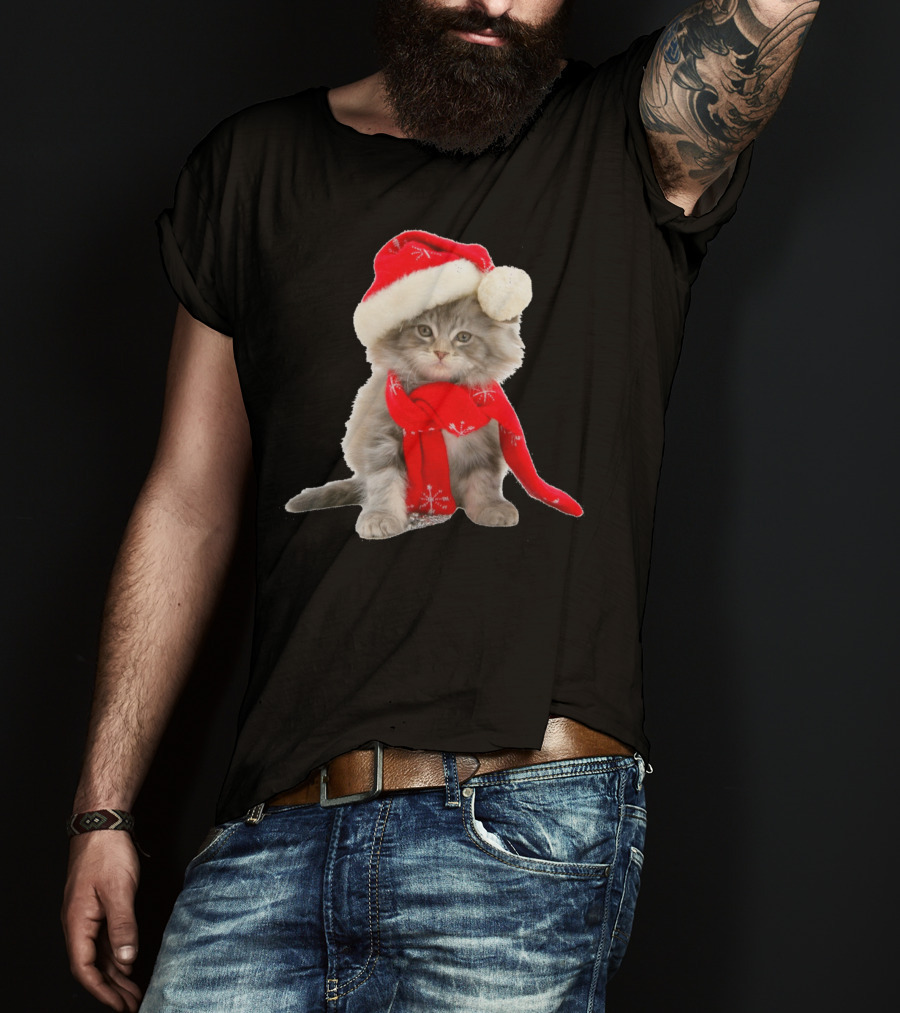 Cat Kitten In Santa Hat And Red Scarf T-Shirt