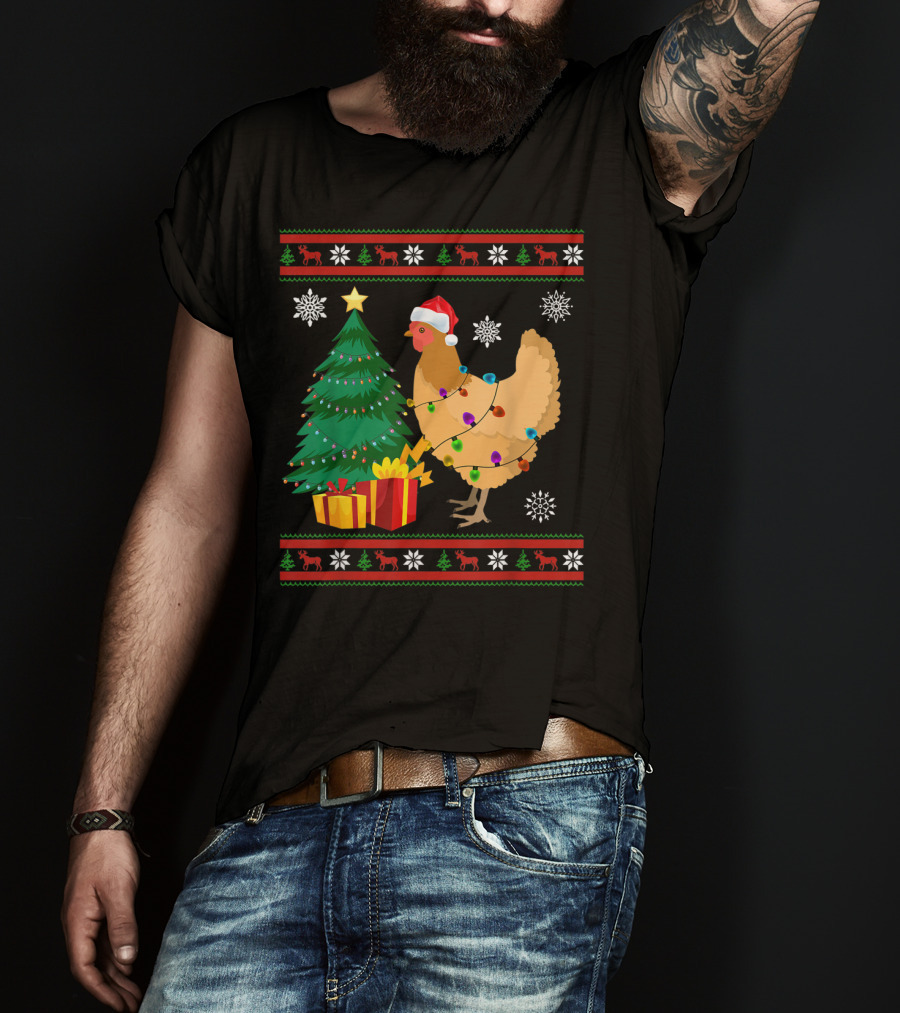 Chicken Christmas Decorations Santa Tree Snowflakes Reindeer T-Shirt