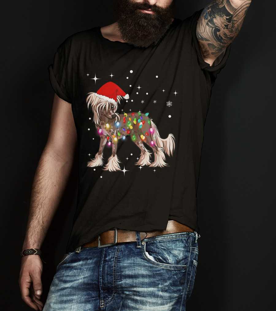 Christmas Lights Chinese Crested Dog With Santa Hat And Stars T-Shirt