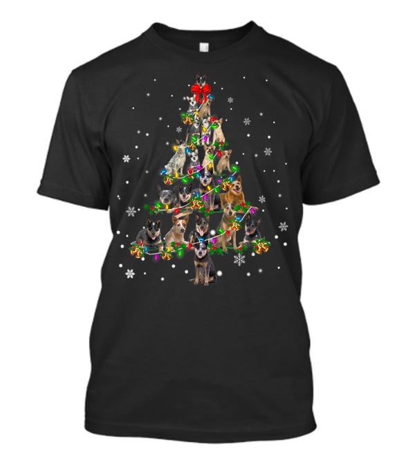 Cute Australian Cattle Dog Christmas Tree With Festive Lights And Snowflakes T-Shirt