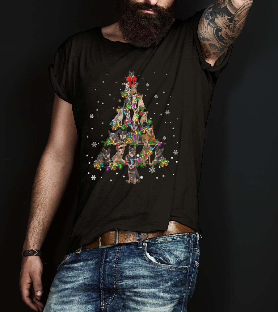 Cute Australian Cattle Dog Christmas Tree With Festive Lights And Snowflakes T-Shirt