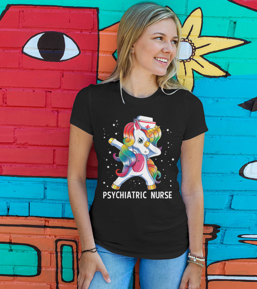 Dabbing Unicorn Rainbow Psychiatric Nurse With Nurse Hat And Stars T-Shirt