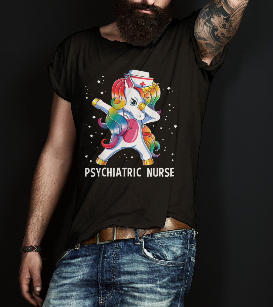 Dabbing Unicorn Rainbow Psychiatric Nurse With Nurse Hat And Stars T-Shirt