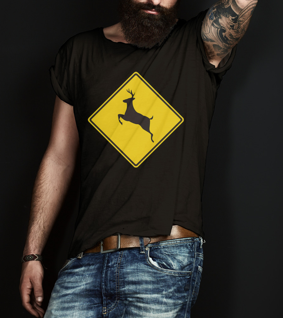 Yellow Deer Crossing Road Sign T-Shirt