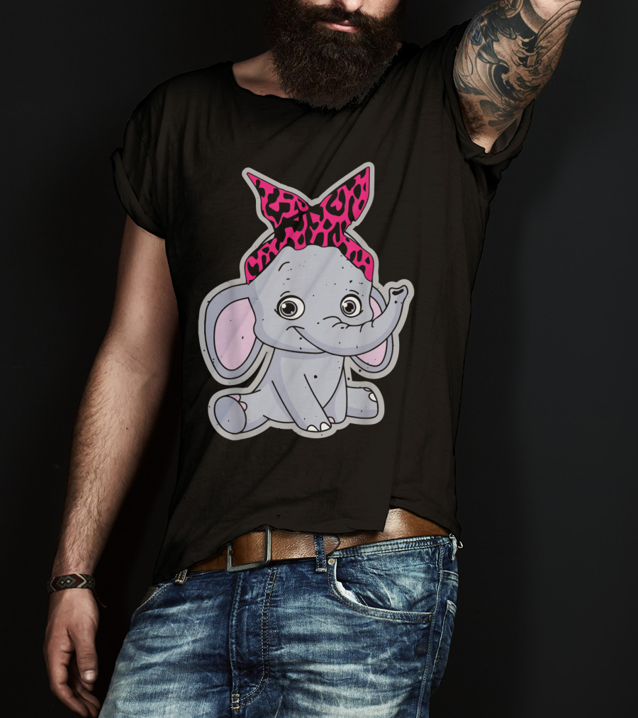 Elephants Cute Cartoon With Pink Leopard Bow T-Shirt
