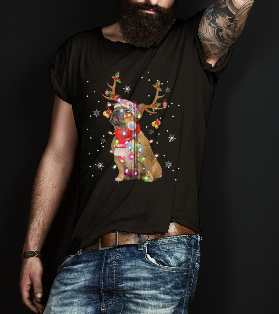 French Bulldog Reindeer Antlers Santa Hat Christmas Lights T-Shirt