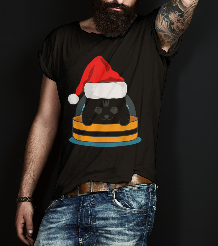 Cute Black Cat In Santa Hat Sitting Inside Orange And Black Barrel T-Shirt