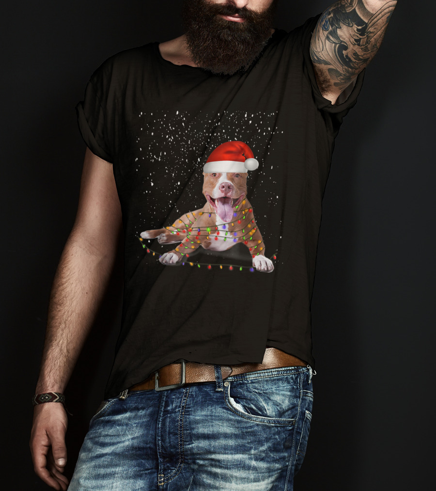 Merry Pitmas Pit Bull Christmas Dog With Santa Hat And Festive Lights T-Shirt