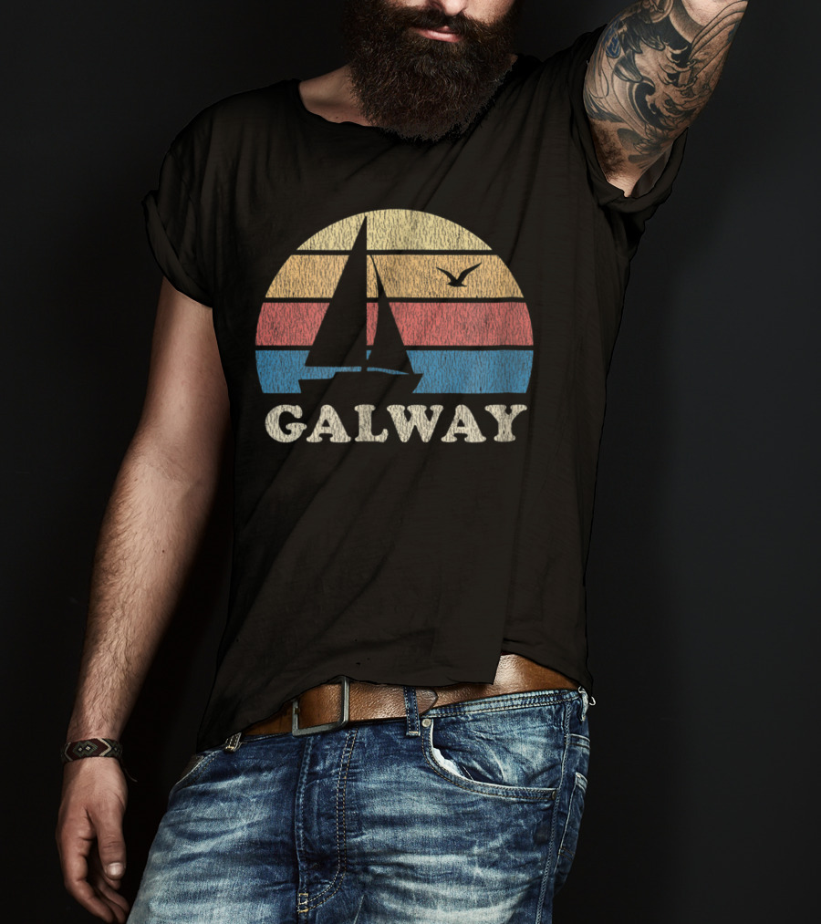 Galway Vintage Sailboat 70s Sunset With Seagull T-Shirt