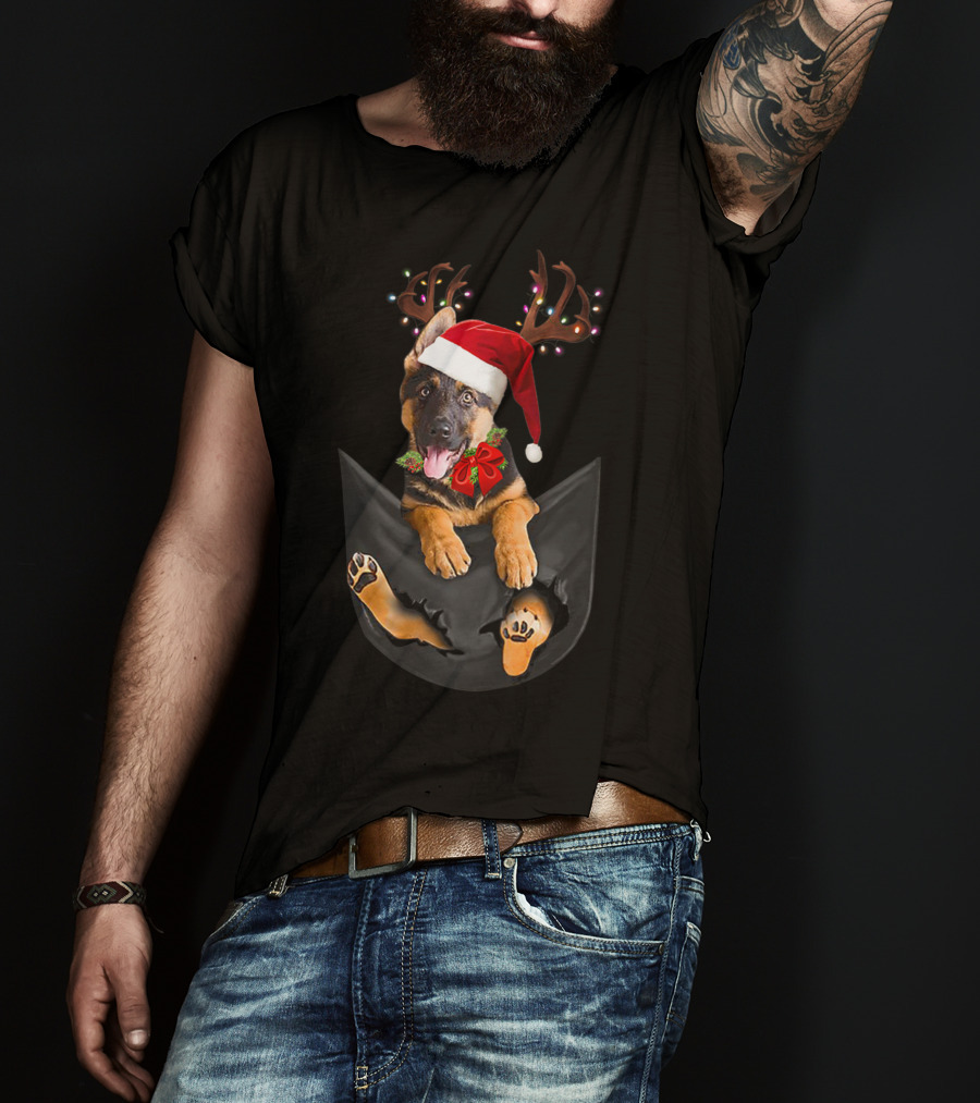 German Shepherd Christmas Dog With Santa Hat And Antlers In Your Pocket T-Shirt