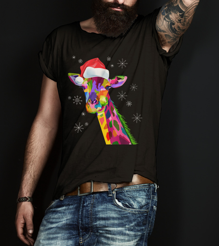 Giraffe Christmas Santa Hat Colorful Snowflakes T-Shirt