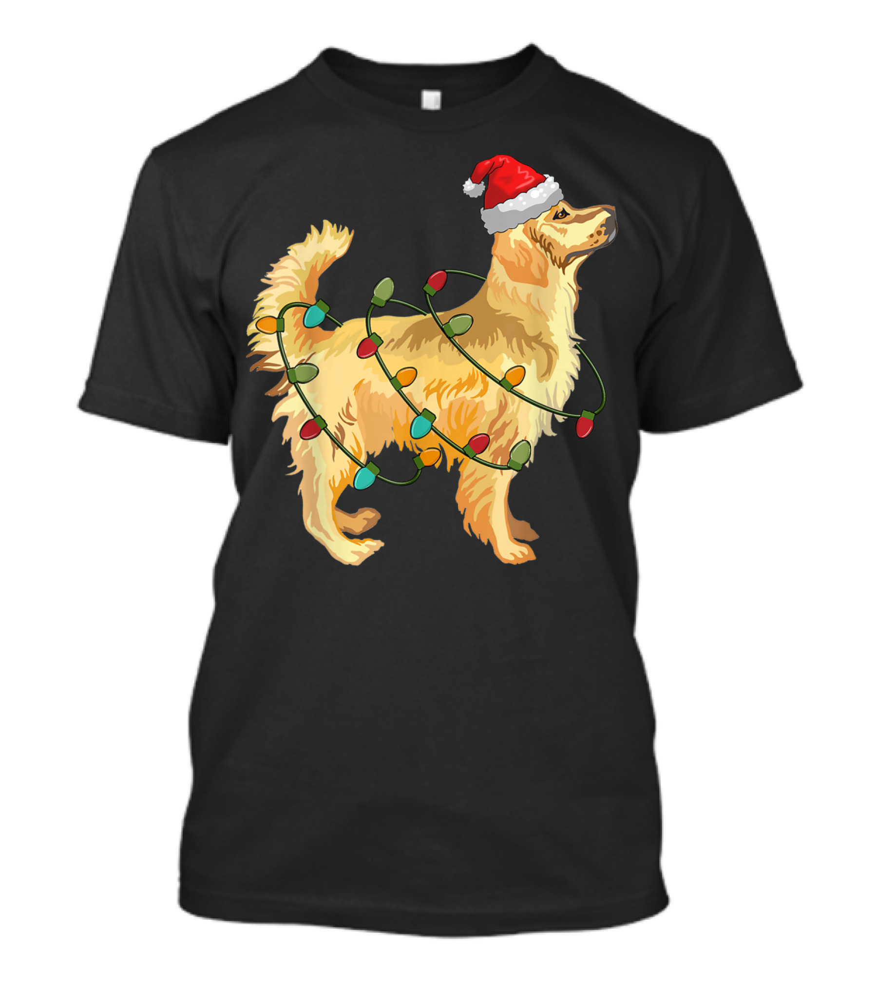 Golden Retriever With Christmas Lights And Santa Hat T-Shirt