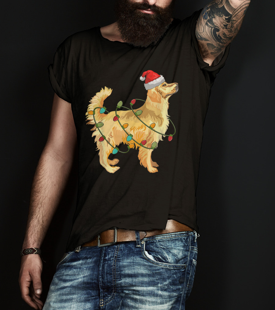 Golden Retriever With Christmas Lights And Santa Hat T-Shirt