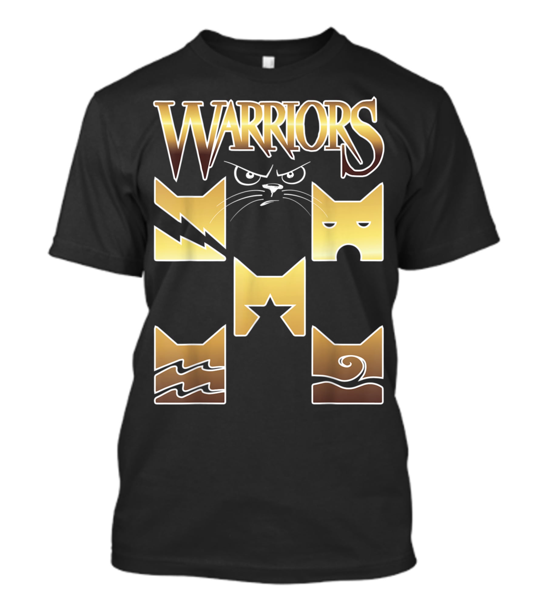 WARRIORS Golden Clan Cat Icons With Lightning, Eye, Star, Wave Symbols T-Shirt