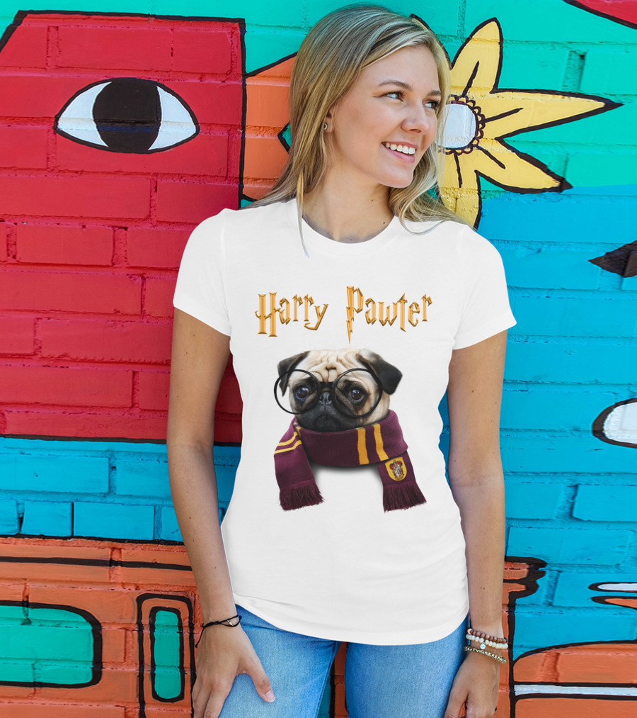 Harry Pawter Cute Puggy Dogs Potte Pups Wizard Pug With Glasses And Scarf T-Shirt
