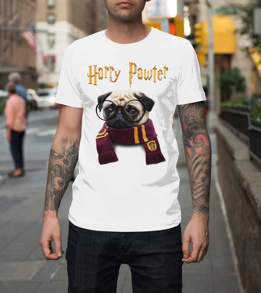 Harry Pawter Cute Puggy Dogs Potte Pups Wizard Pug With Glasses And Scarf T-Shirt