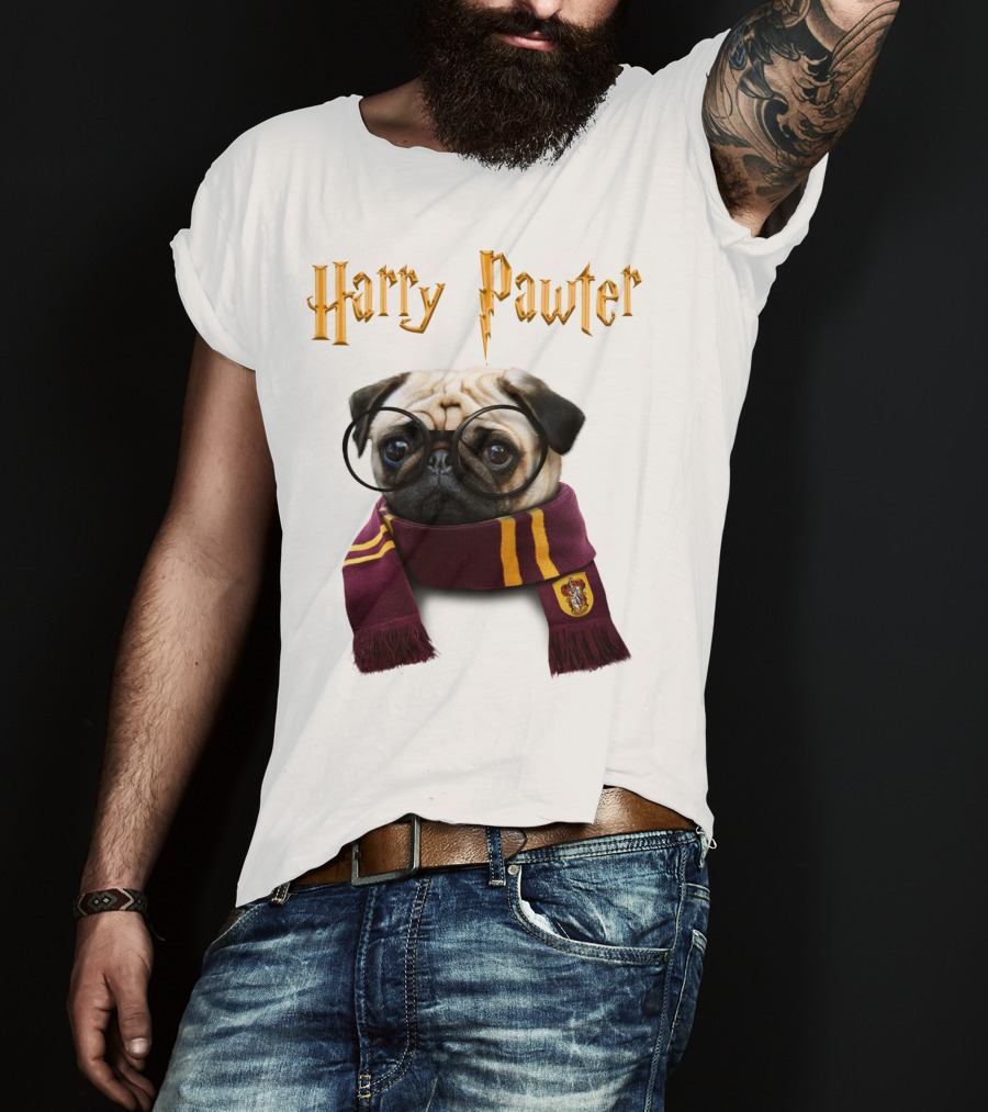 Harry Pawter Cute Puggy Dogs Potte Pups Wizard Pug With Glasses And Scarf T-Shirt